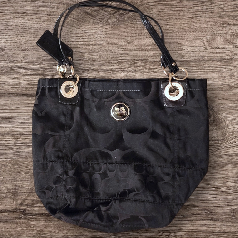 COACH #1449 Black Alex Sateen Patten Leather Monogram Shoulder Bucket Tote - Picture 2 of 11